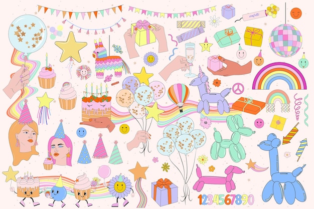 Coleção de clipart de aniversário retrô Adesivos nostálgicos retrô Ilustração em vetor editável