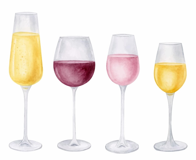 Vetor coleção de clipart de copo de vinho em aquarela ilustração em aquarela de vinho