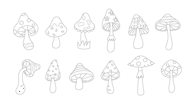 Coleção de cogumelos decorativos ícones de fungos ilustrações vetoriais em estilo linear simples