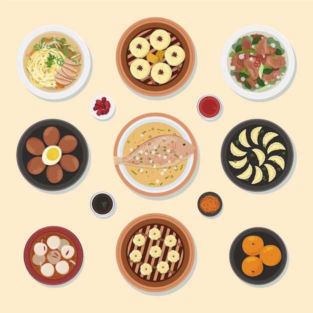 Vetor coleção de comida para jantar de reunião de ano novo chinês plana