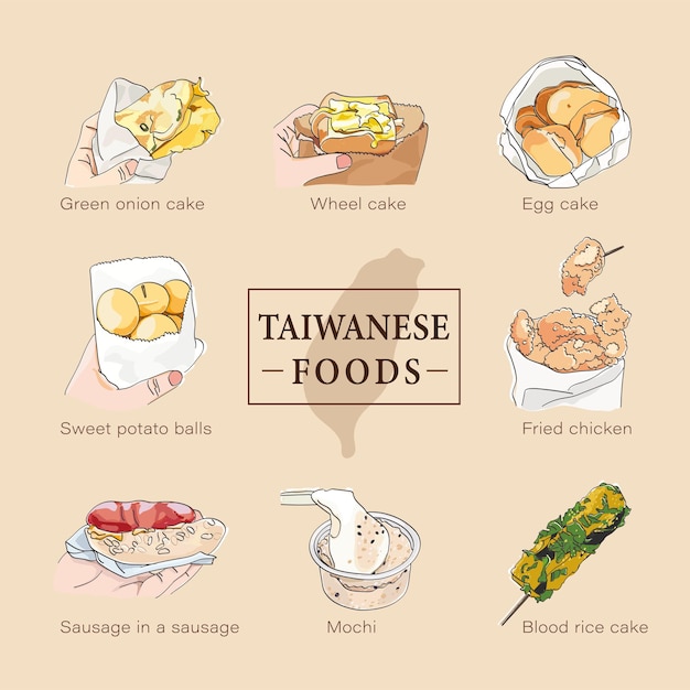 Coleção de comidas de rua famosas de taiwan