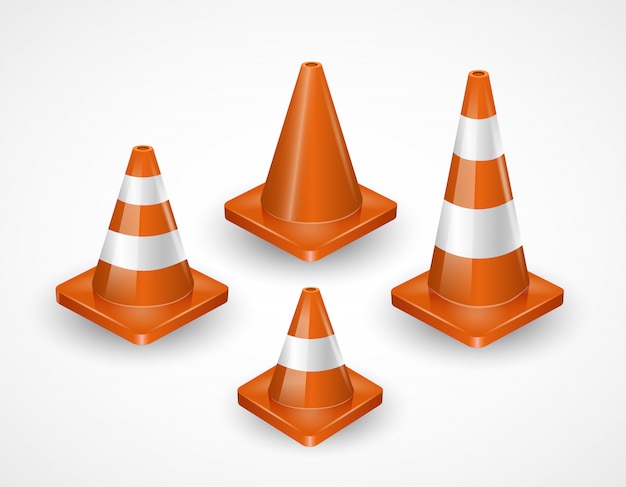 Vetor coleção de cones de trânsito. conjunto isométrico de ícones para web design isolado no branco. ilustração vetorial realista