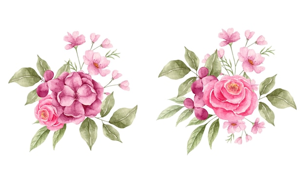 Coleção de conjunto de buquê de flores em aquarela pintada à mão