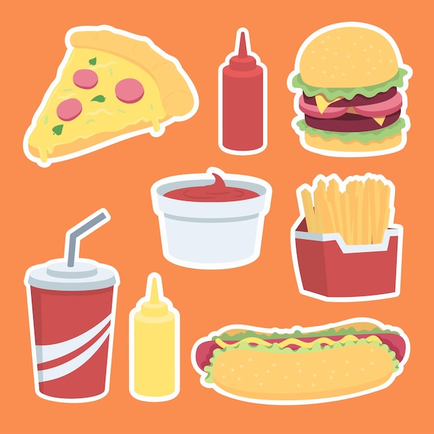 Coleção de conjunto de junk food insalubre ou desenho de fast food em ilustração vetorial de estilo de desenho animado