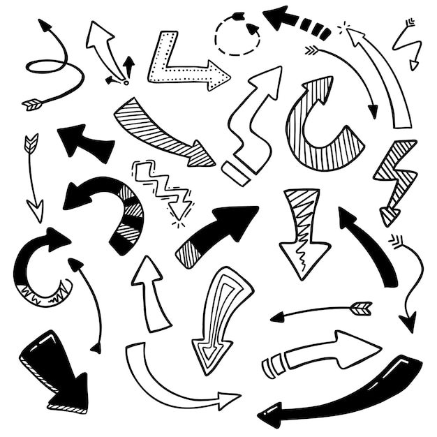 Coleção de conjunto de vetores de rabiscos de seta de desenho à mão