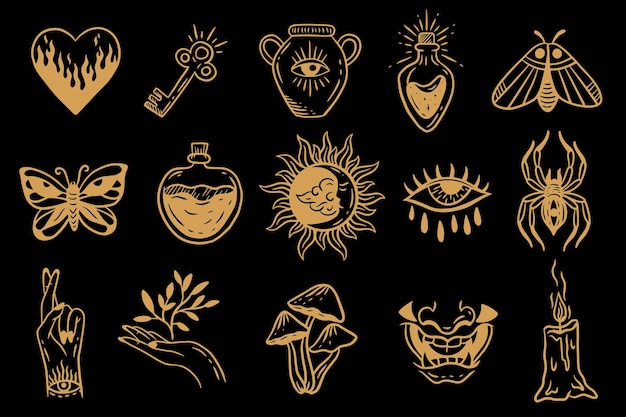 Coleção de Conjunto Elemento Celestial Mágico Dark Holly Doodle ocultismo espiritual esotérico vintage linha boho desenhada à mão
