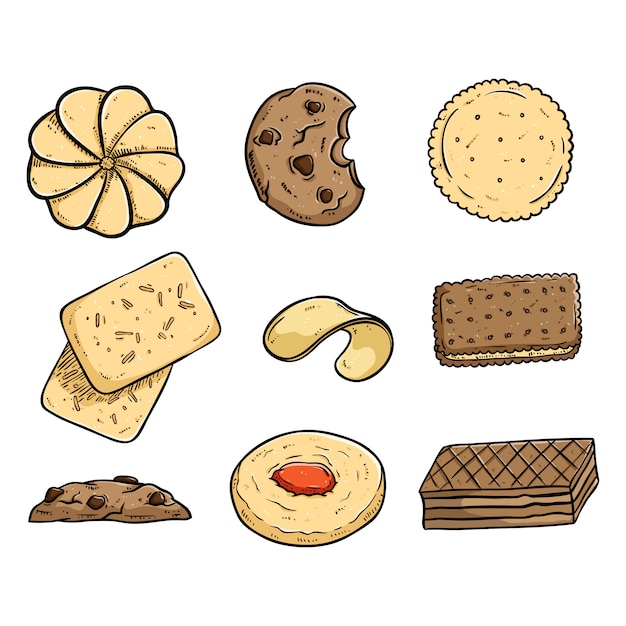 Vetor coleção de coockies saborosos com doodle colorido ou estilo desenhado de mão