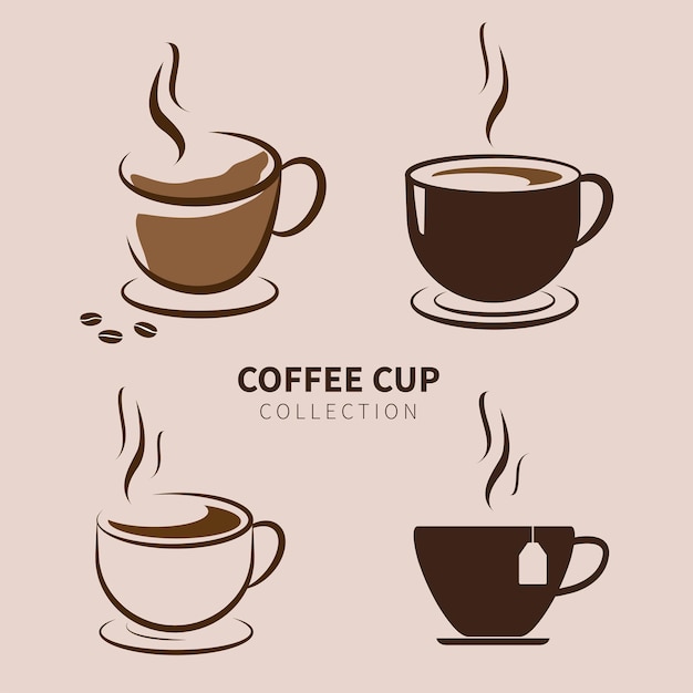 Coleção de copos de café isolados em fundo castanho