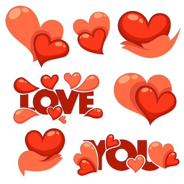 Coleção de coração, mãos e amor logotipo, conceito, etiquetas e formulários