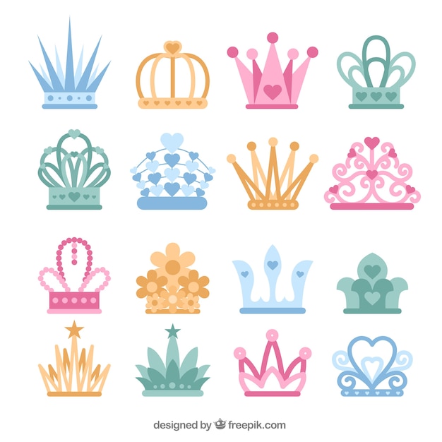 Coleção de coroas coloridas princesa em design plano