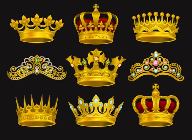 Coleção de coroas de ouro e tiaras. Ilustrações realistas isoladas no fundo preto.