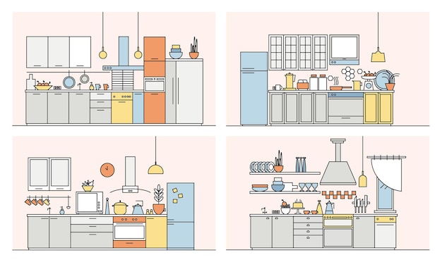 Coleção de cozinhas repletas de móveis modernos, eletrodomésticos, utensílios de cozinha, utensílios de cozinha e decorações para a casa. conjunto de elegantes interiores desenhados em estilo de linha de arte. ilustração vetorial.