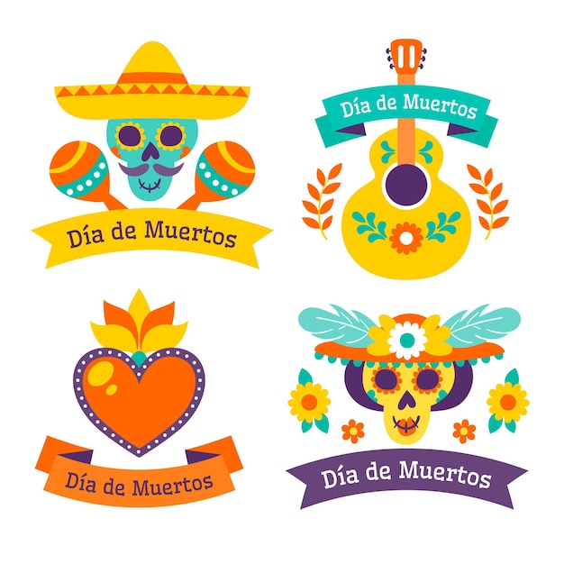 Vetor coleção de crachás de dia de muertos em design plano