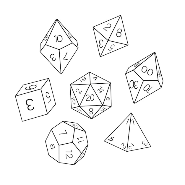 Vetor coleção de dados em preto e branco desenhados à mão d8 d10 d12 d20 dados de jogo de tabuleiro conjunto de dados de rpg para tabuleiro