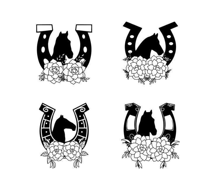Vetor coleção de decoração de cabeça de cavalo e ferradura com flores