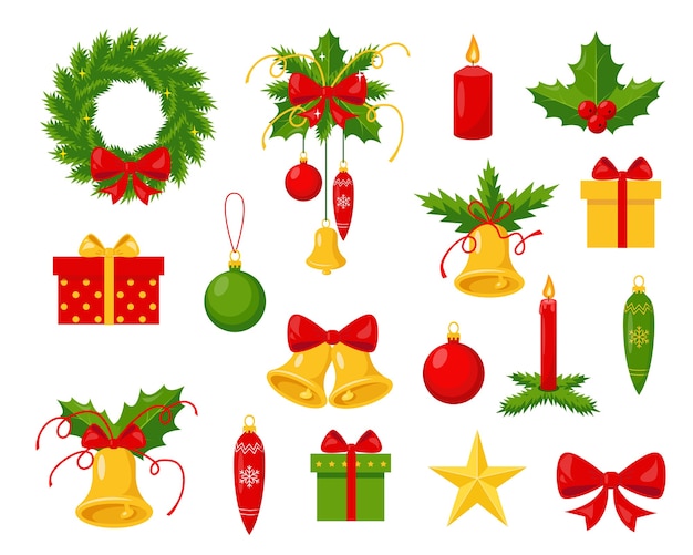 Vetor coleção de decorações do feriado de natal em fundo branco. elementos para o inverno. simbols tradicionais de ano novo e natal. ilustrações.