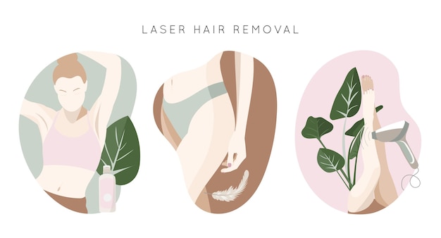 Coleção de depilação a laser. mulher no salão de beleza. depilação, pernas, biquíni, axilas. vetor plano