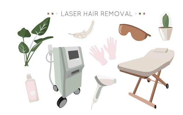 Coleção de depilação a laser. Salão de beleza. Depilação, luvas. pena. Ilustração em vetor bonitinho.