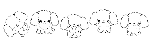 Vetor coleção de desenho vetorial de cachorro poodle, conjunto de páginas para colorir de contorno de cachorro isolado kawaii para