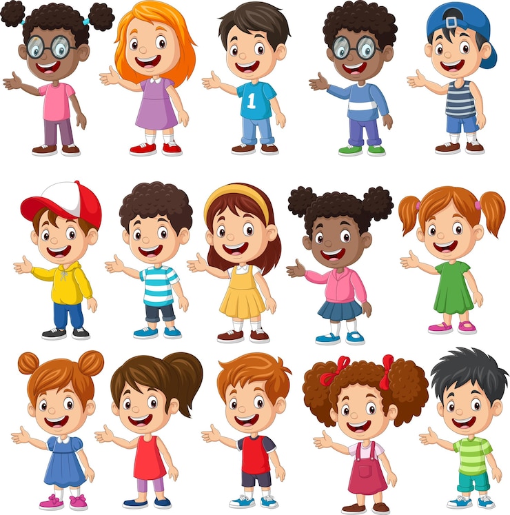 Vetor coleção de desenhos animados de crianças multiétnicas apresentando