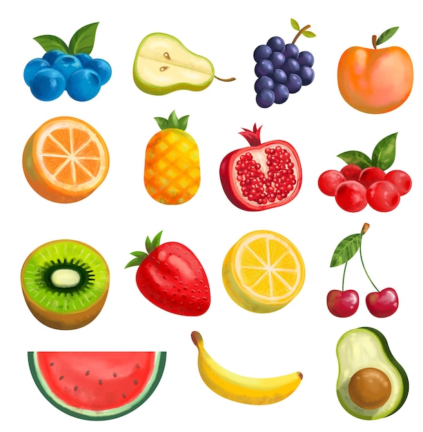 coleção de desenhos animados de frutas desenhadas à mão