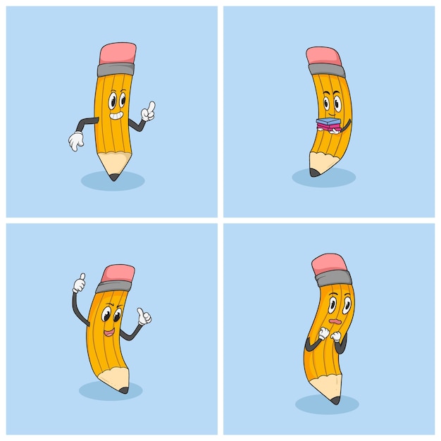 Coleção de desenhos animados de personagens de lápis bonitos