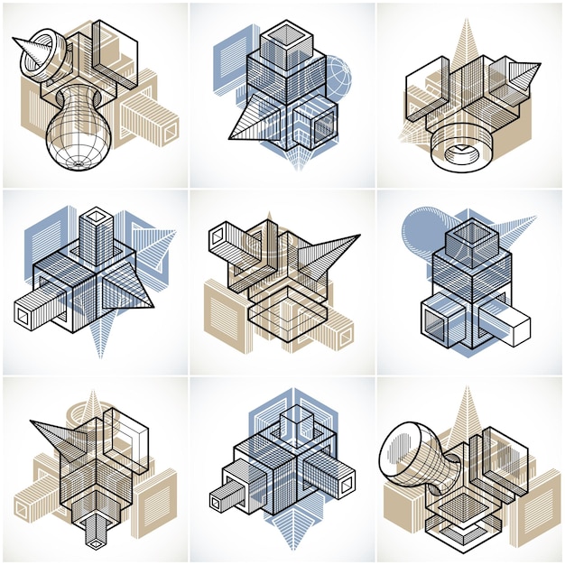 Coleção de desenhos isométricos de construção abstrata, conjunto de vetores.