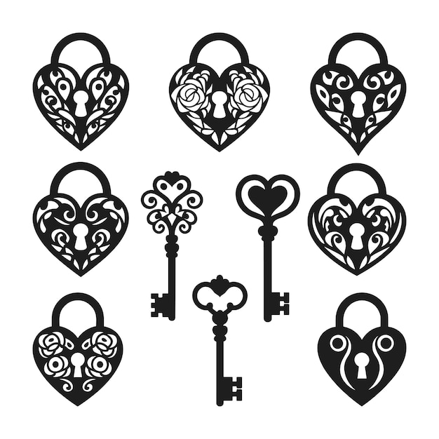 Coleção de desenhos vetoriais de cadeado de coração ornamentado e silhueta de chave