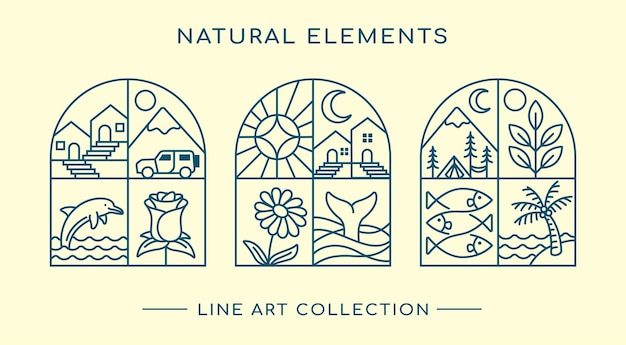 Vetor coleção de design de arte de linha de elemento natural