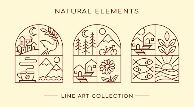 Vetor coleção de design de arte de linha de elemento natural