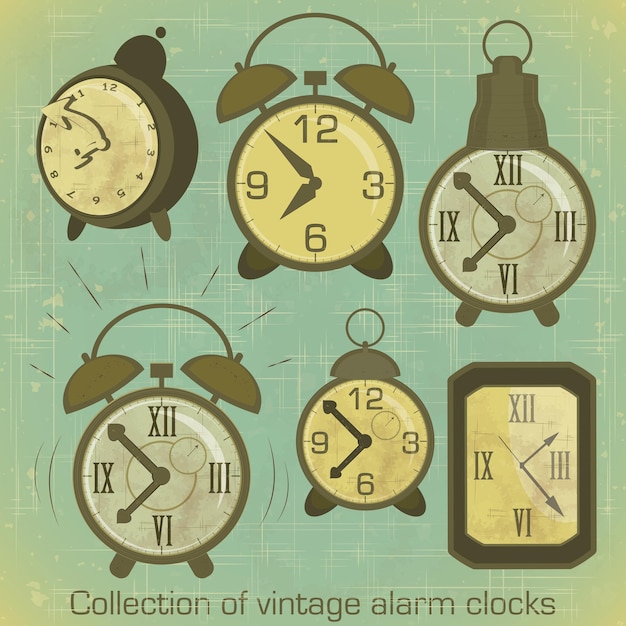 Coleção de despertadores vintage com ilustração vetorial de efeito grunge