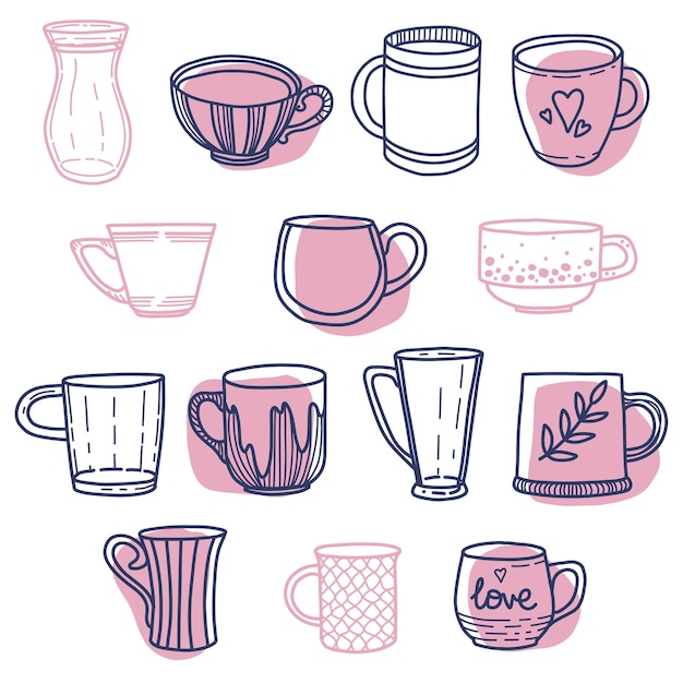 Coleção de diferentes copos de doodle decorados com elementos de design Conjunto vetorial de canecas coloridas