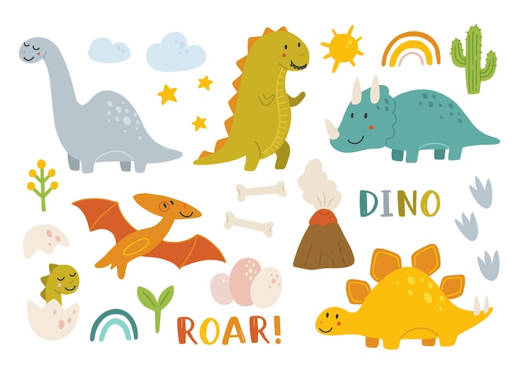Vetor coleção de dinossauros bebês fofos mão desenhada brontossauro tiranossauro pterodáctilo triceratops estegossauro conjunto de ilustrações vetoriais planas isoladas no fundo branco