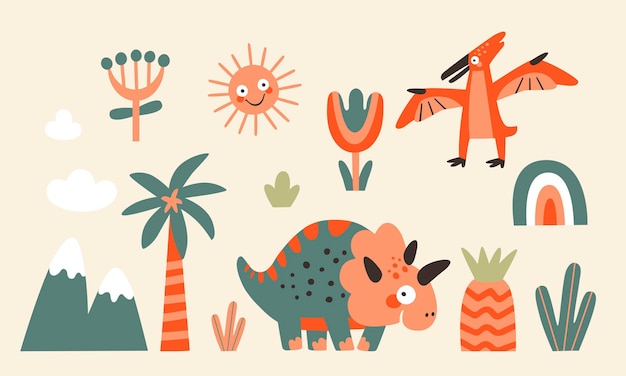 Coleção de dinossauros de animais de desenho animado e plantas em estilo doodle