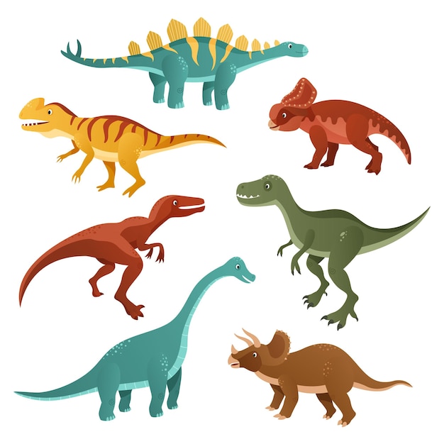 Coleção de dinossauros de desenhos animados de diferentes tipos.