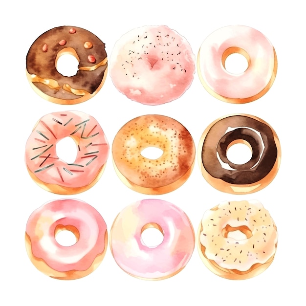 Vetor coleção de donuts coloridos em aquarela ilustração vitrificada