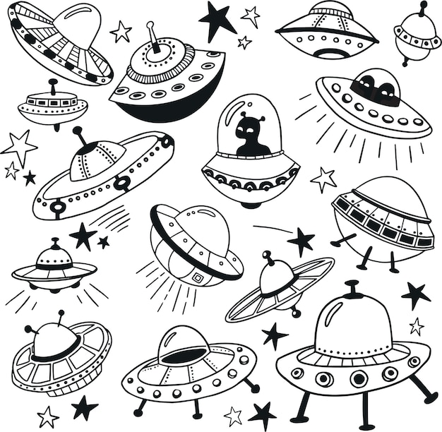 Coleção de doodle de OVNIs e alienígenas