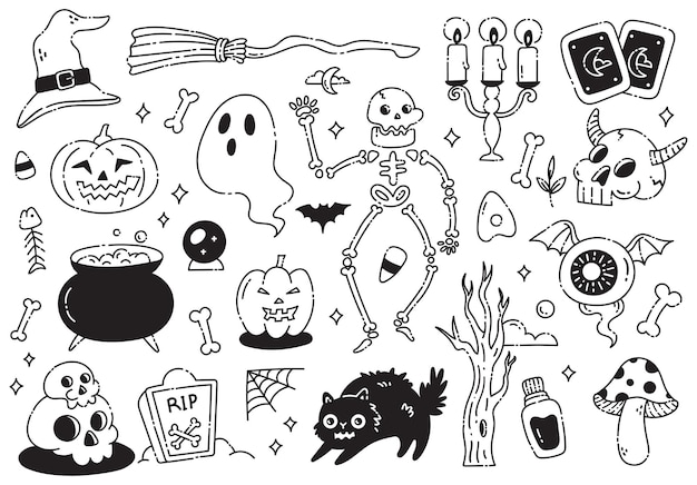 Coleção de Doodles de Halloween desenhados à mão Ilustrações de Arte de Linha Assustadora