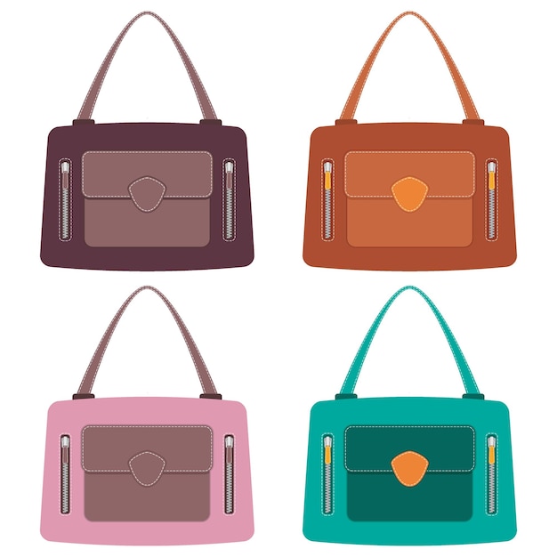 Coleção de elegantes bolsas de couro coloridas com bolsos com zíper nas laterais