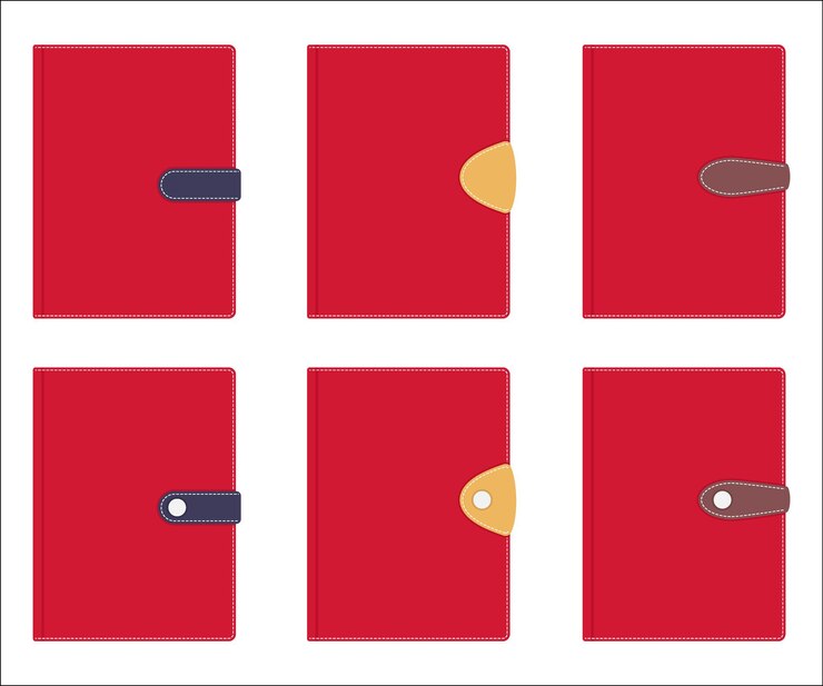 Vetor coleção de elegantes capas de diários de couro costuradas com fio branco com fivelas elegantes