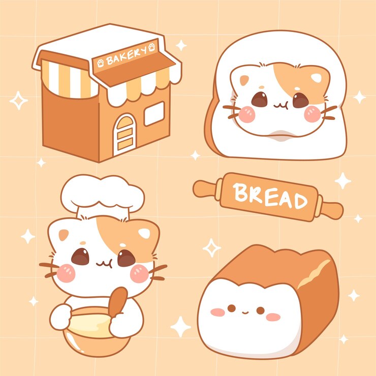 Vetor coleção de elementos bonitos de padaria estilo de comida kawaii