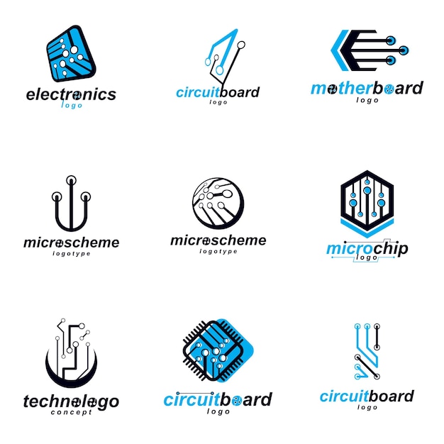 Coleção de elementos cibernéticos de comunicação de tecnologia. placa de circuito abstrata de vetor. conjunto de logotipos de microprocessador eletrônico.