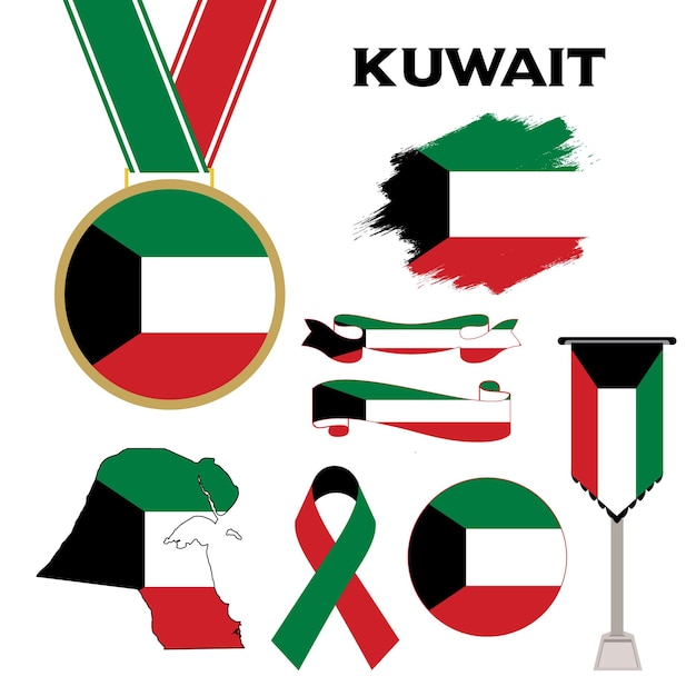 Coleção de elementos com a bandeira do modelo de design do kuwait. bandeira do kuwait, fitas, medalha, mapa