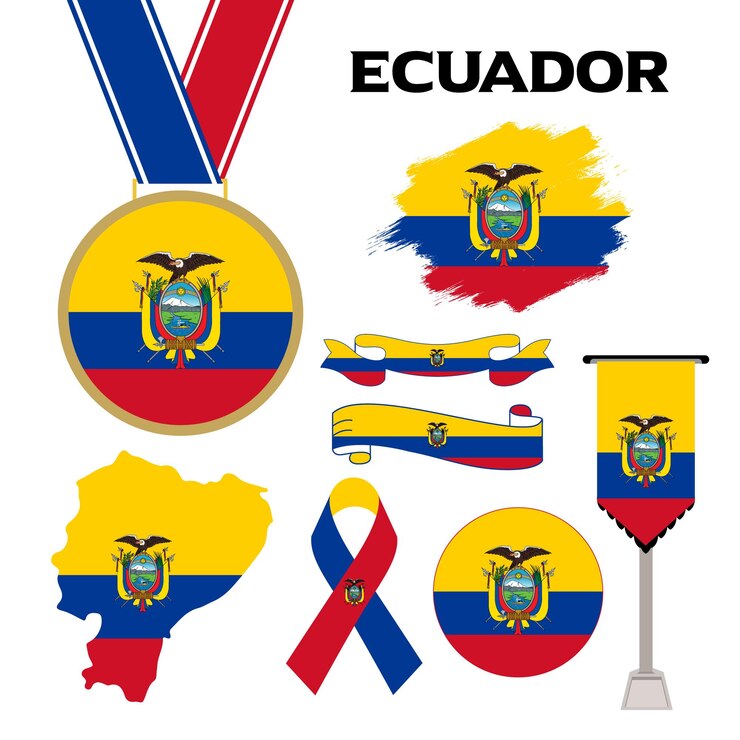 Vetor coleção de elementos com o modelo de design da bandeira do equador. bandeira do equador, fitas, medalha, mapa