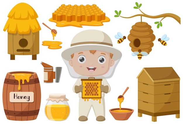 Vetor coleção de elementos de apicultor de ilustrações de desenhos animados