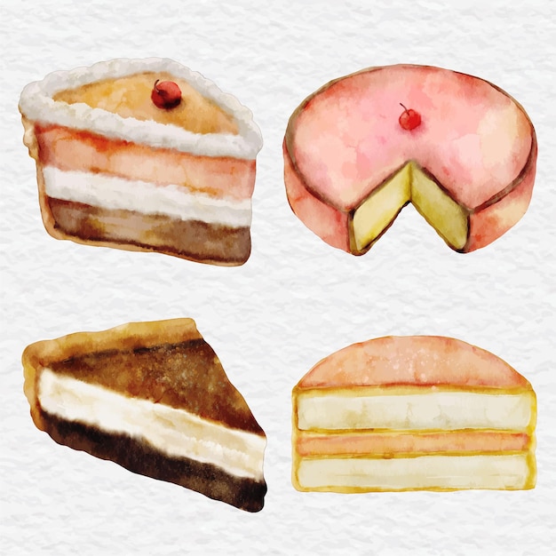 Coleção de elementos de bolo de sobremesa de padaria aquarela