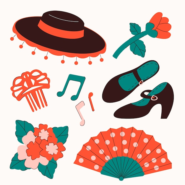 Coleção de elementos de dança flamenca desenhados à mão
