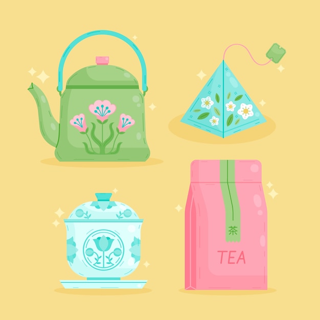 Vetor coleção de elementos de design plano para a conscientização do dia internacional do chá