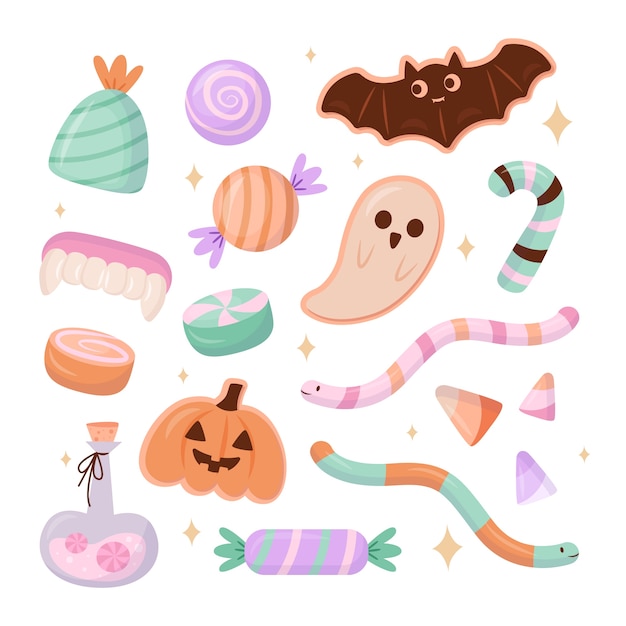 Vetor coleção de elementos de doces de halloween plana