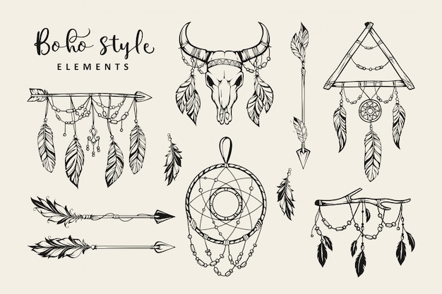 Coleção de elementos de estilo boho desenhada à mão